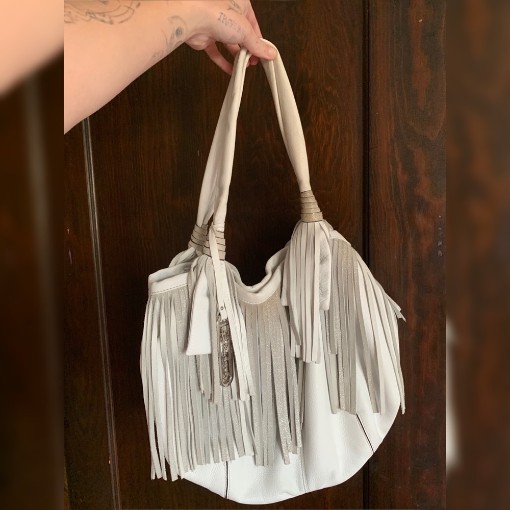 B. Makowsky white leather tote